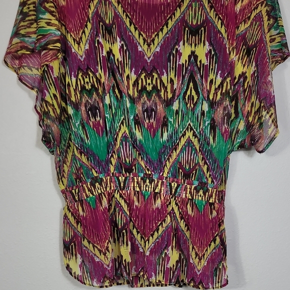 Y2K INC Geometric Peplum Women Top Multicolor Size L Nylon Flutter Sheer Sleeve - Picture 3 of 15